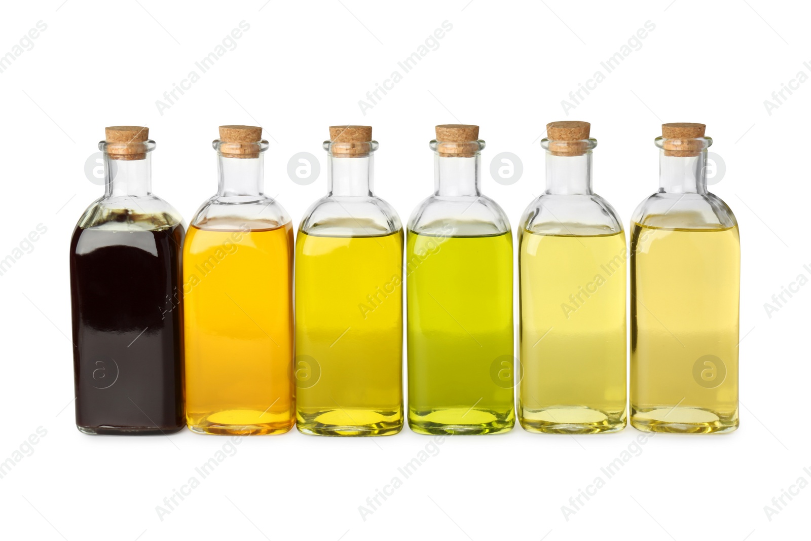 Photo of Vegetable fats. Bottles of different cooking oils isolated on white