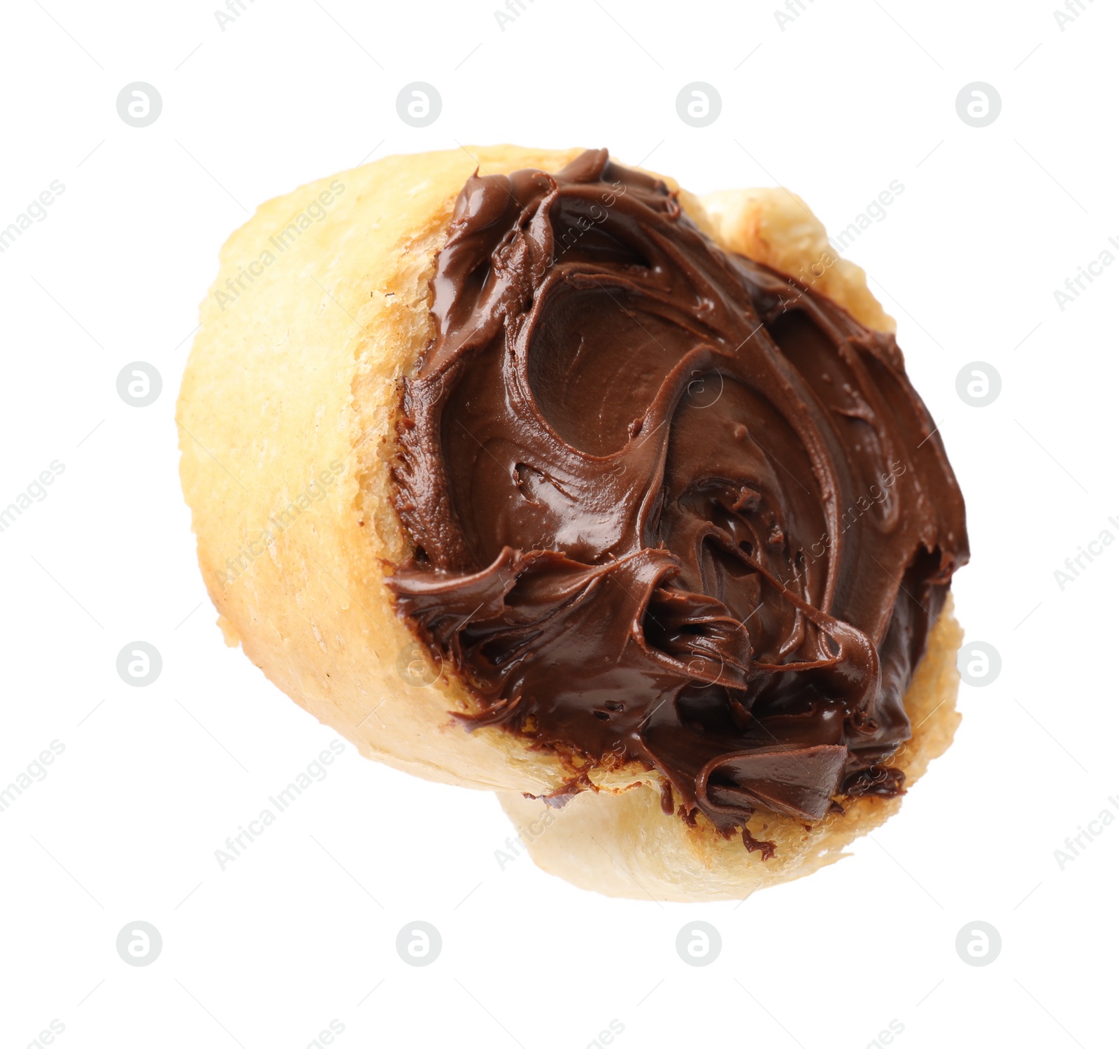Photo of Piece of toasted bread with chocolate paste isolated on white
