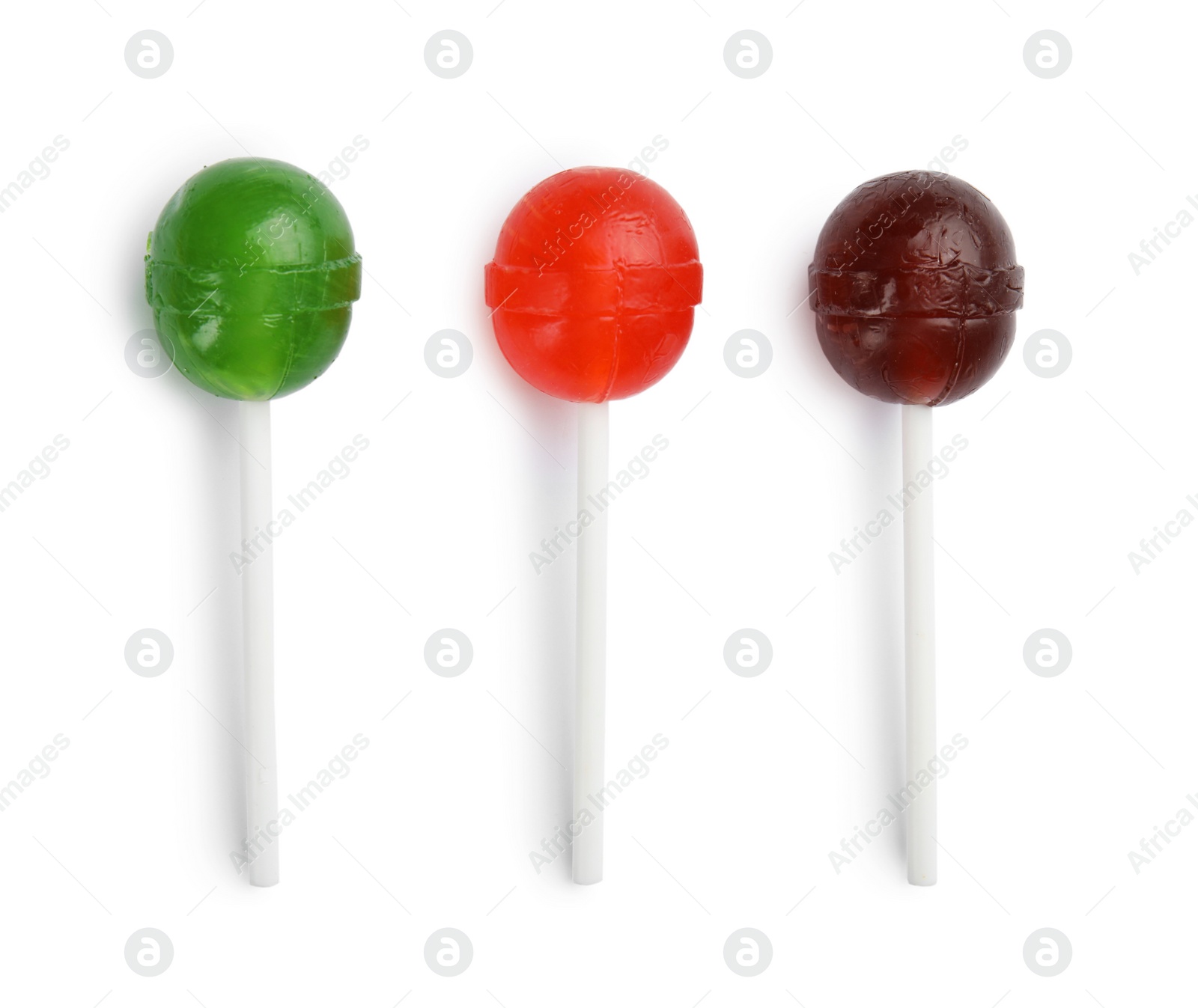 Photo of Delicious colorful candies on white background, top view