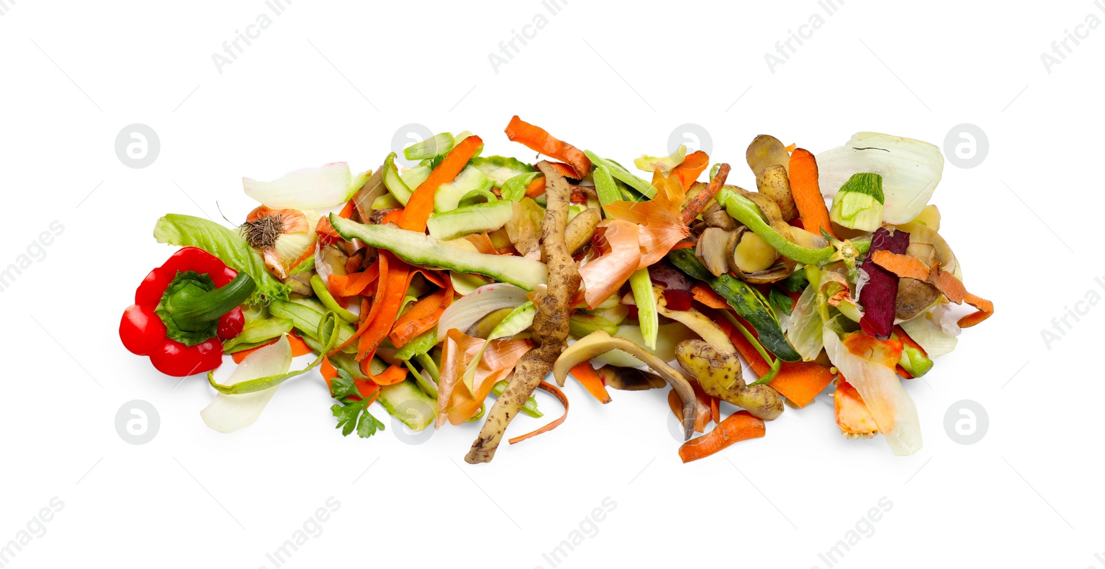 Photo of Peels of fresh vegetables isolated on white, top view