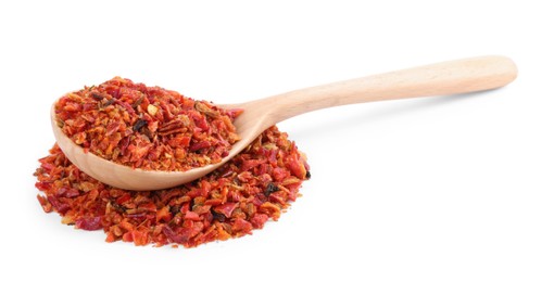 Aromatic spice. Red chili pepper flakes and spoon isolated on white