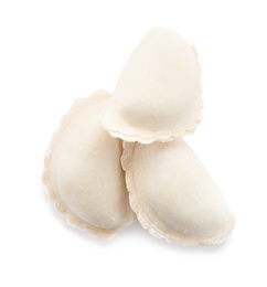 Photo of Tasty raw dumplings on white background, top view