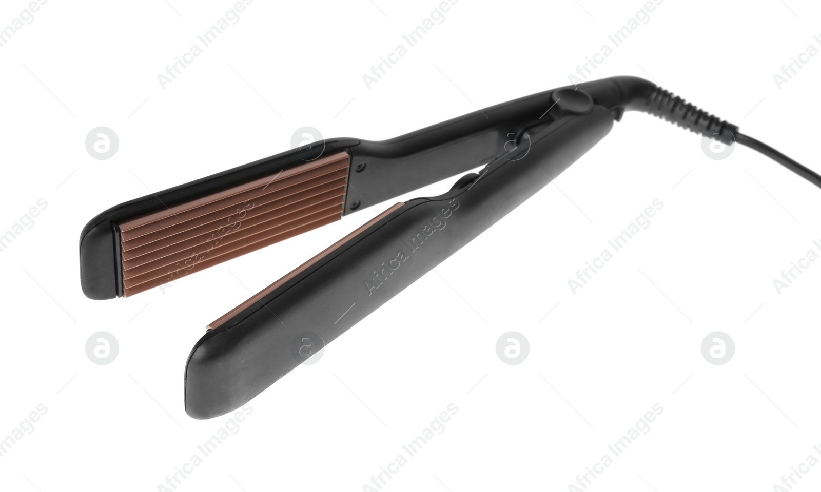 Photo of Flat iron with zigzag plate isolated on white. Hair styling device