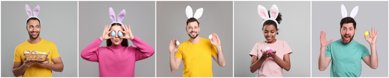 Photos of people with Easter eggs and bunny ears headbands on light grey background. Collage design