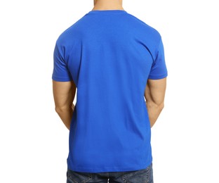 Photo of Man wearing blue t-shirt on white background, back view. Mockup for design