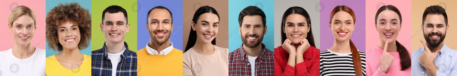 Image of People with showing white teeth on different color backgrounds, collage of photos