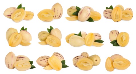 Image of Set with fresh ripe pepino fruits on white background. Banner design
