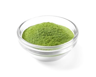 Photo of Wheat grass powder in glass bowl isolated on white