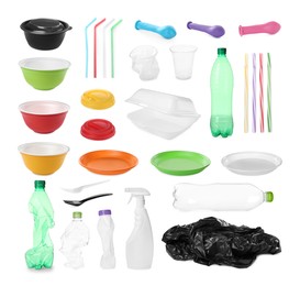 Image of Set with different plastic items on white background