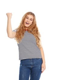 Photo of Happy young woman celebrating victory on white background