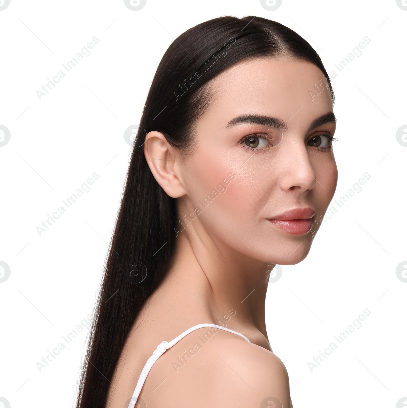 Photo of Beautiful woman with healthy skin on white background