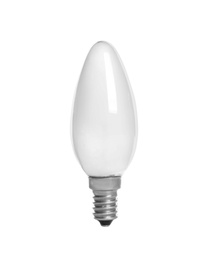 Photo of New incandescent light bulb for lamp on white background