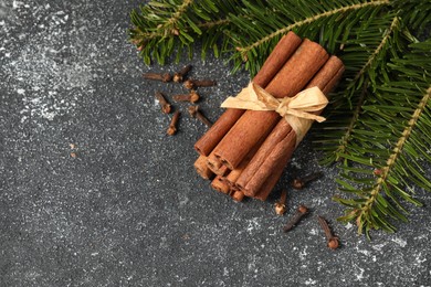 Photo of Different spices. Aromatic cinnamon sticks, clove seeds and fir branches on dark gray textured table, flat lay. Space for text