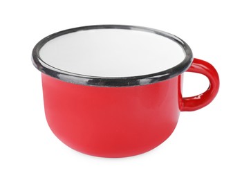 Photo of One red ceramic cup isolated on white