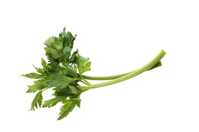Photo of Fresh green celery stems with leaves isolated on white