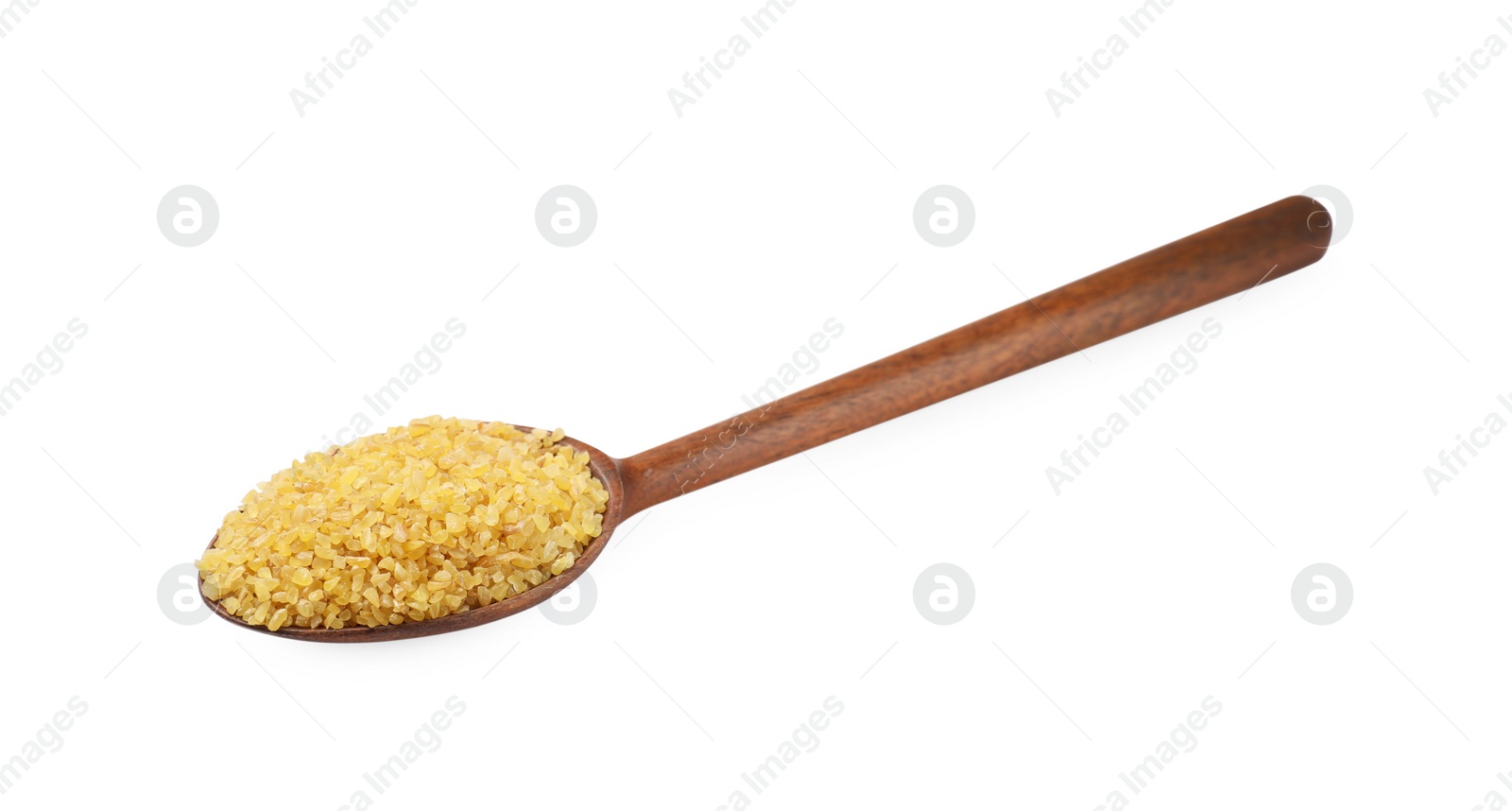 Photo of Spoon with raw bulgur isolated on white