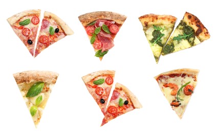 Image of Set with slices of different pizzas on white background, top view