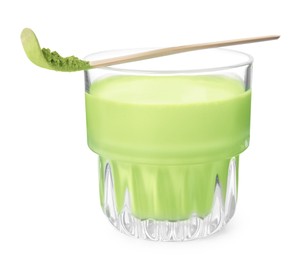 Photo of Glass of tasty matcha smoothie and bamboo spoon with powder isolated on white