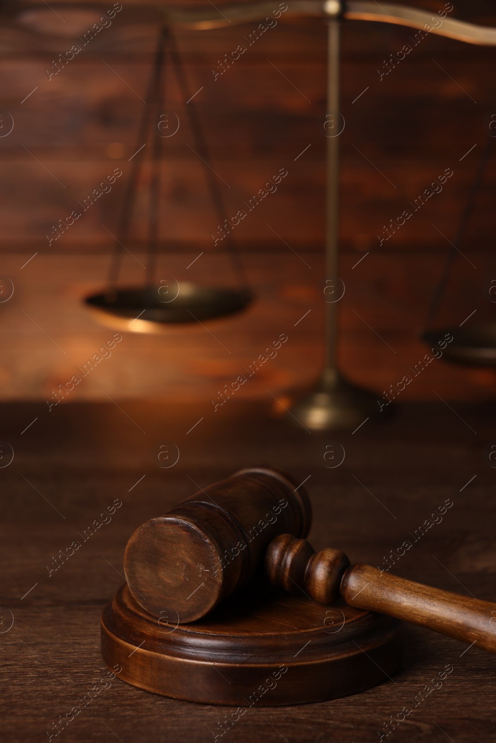 Photo of Law concept. Judge's gavel on wooden table