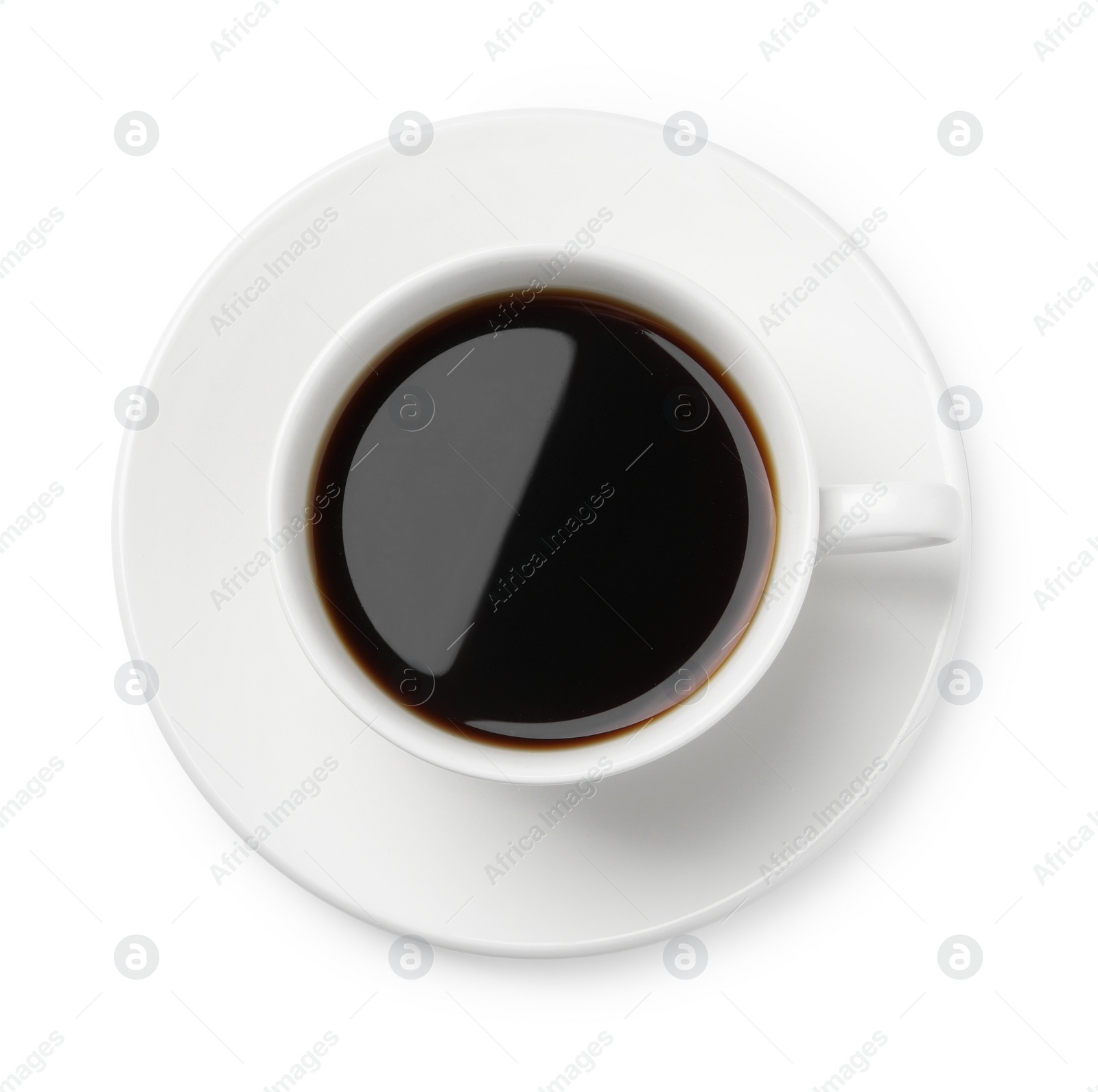 Photo of Cup of aromatic coffee isolated on white, top view