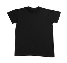 Photo of Black t-shirt isolated on white, top view. Mockup for design