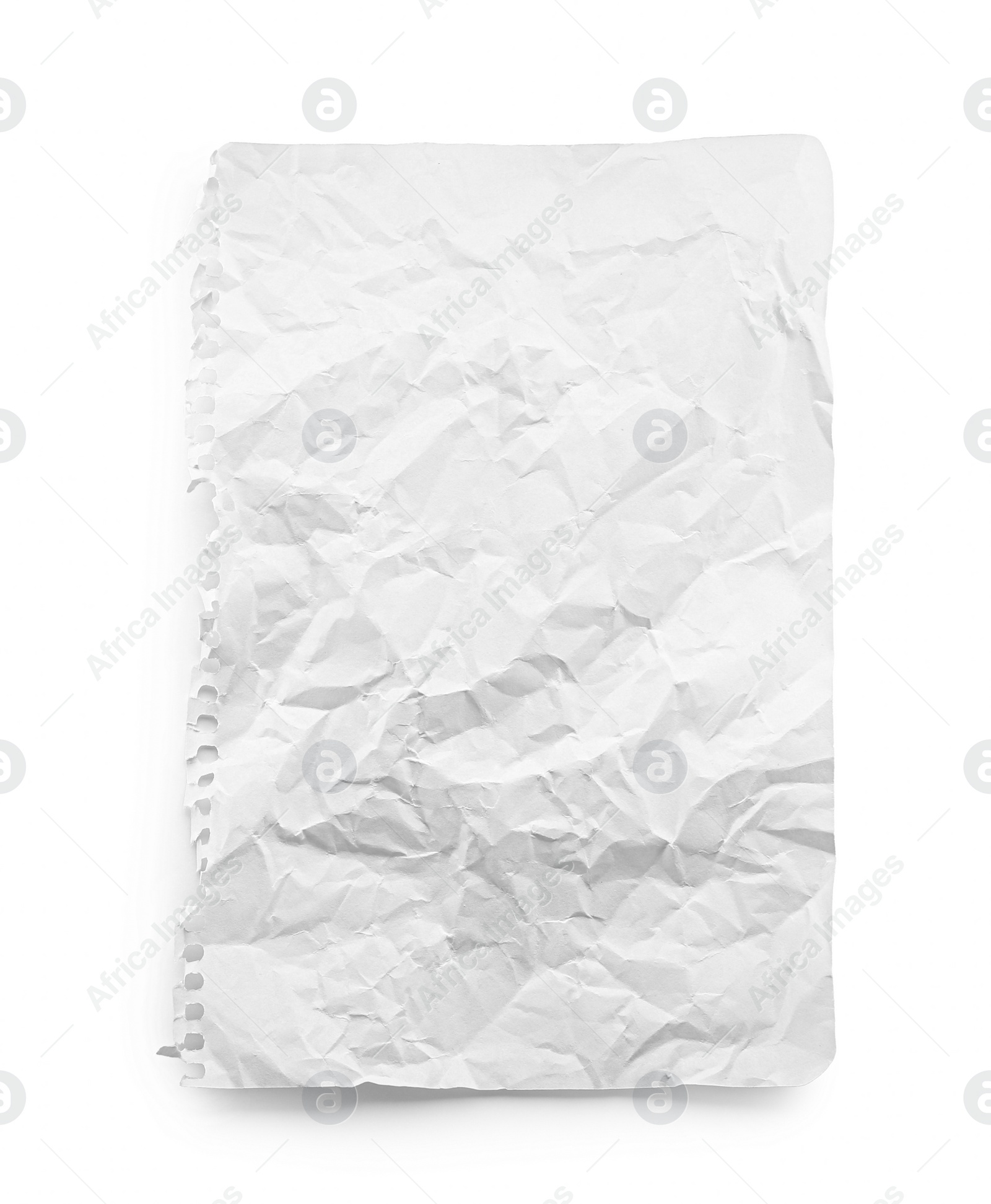 Photo of Crumpled blank notebook sheet isolated on white, top view