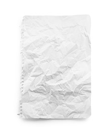 Photo of Crumpled blank notebook sheet isolated on white, top view