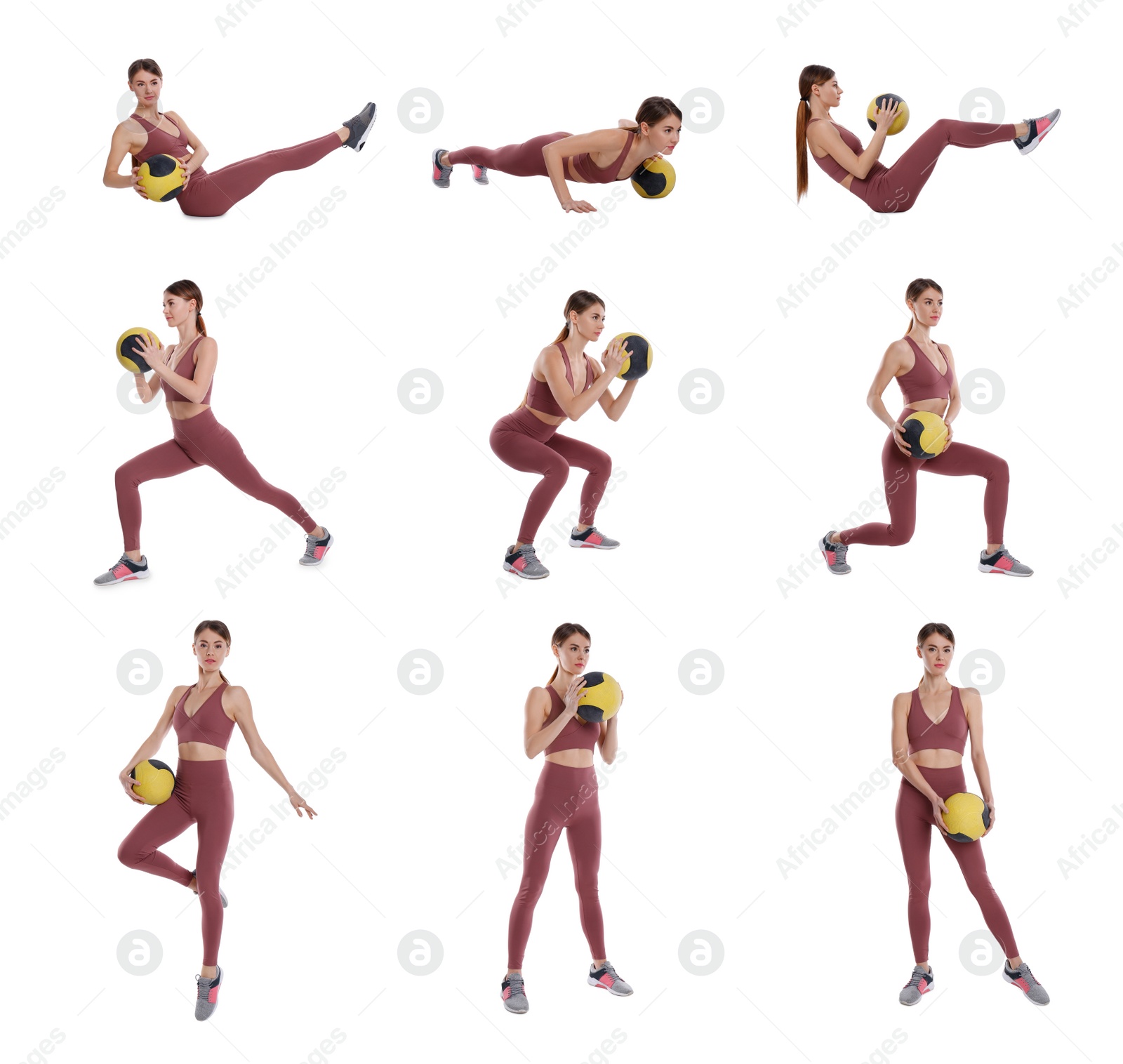 Image of Athletic woman doing different exercises with medicine ball on white background, collage