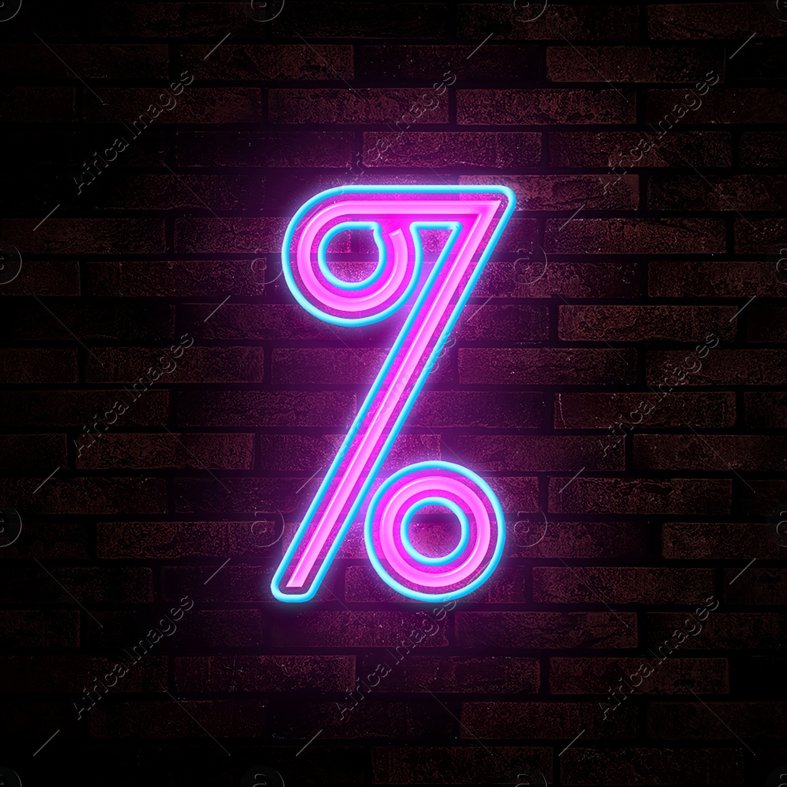 Image of Glowing neon percent sign on brick wall