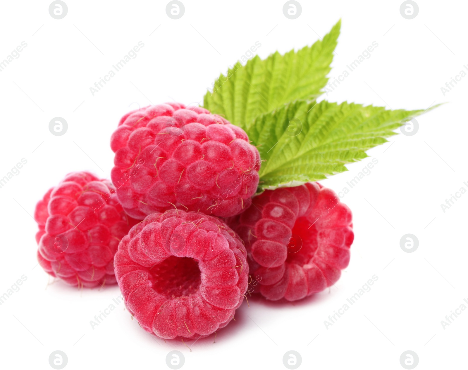 Photo of Delicious fresh ripe raspberries with leaves on white background