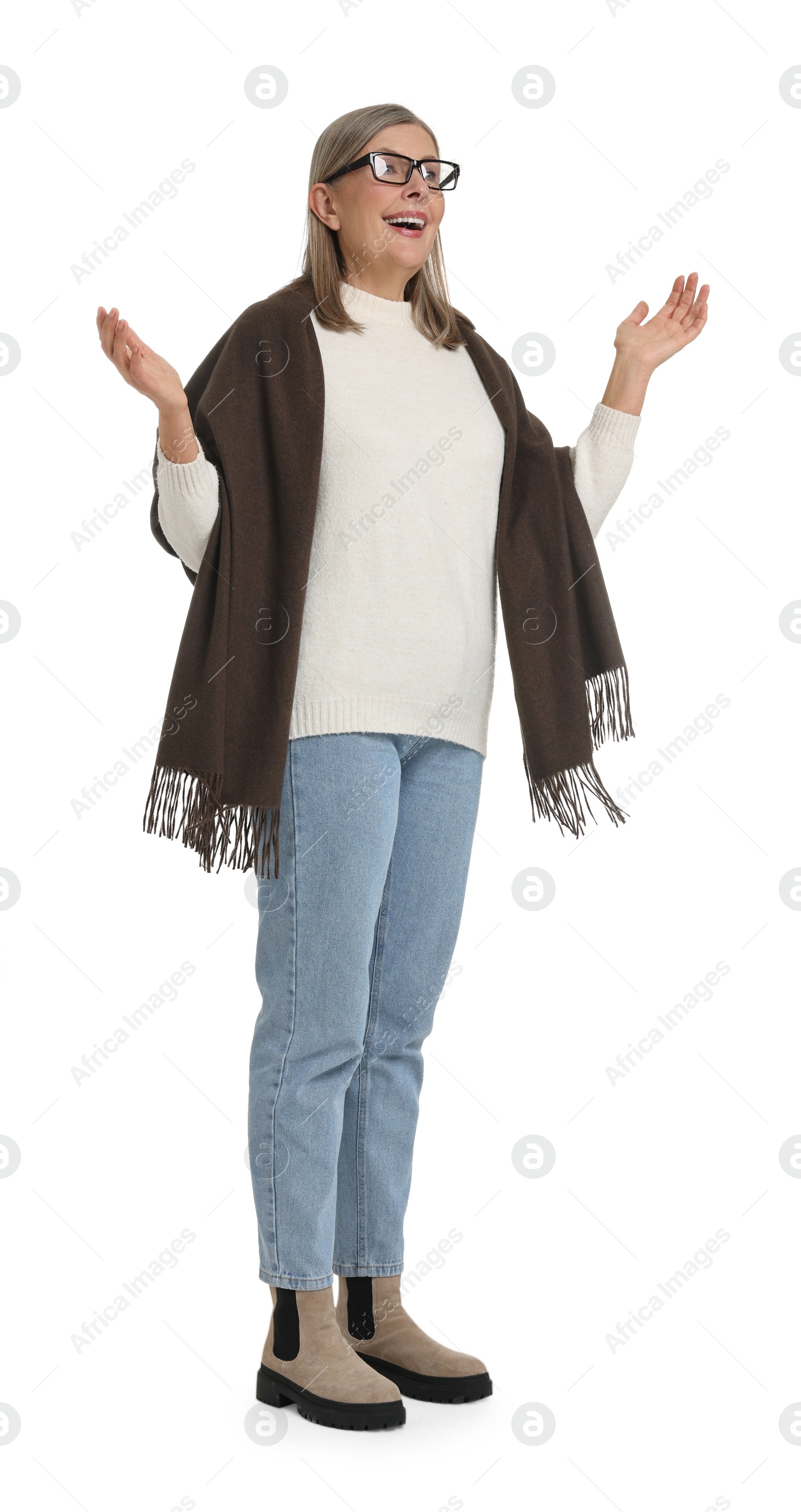 Photo of Senior woman greeting someone on white background