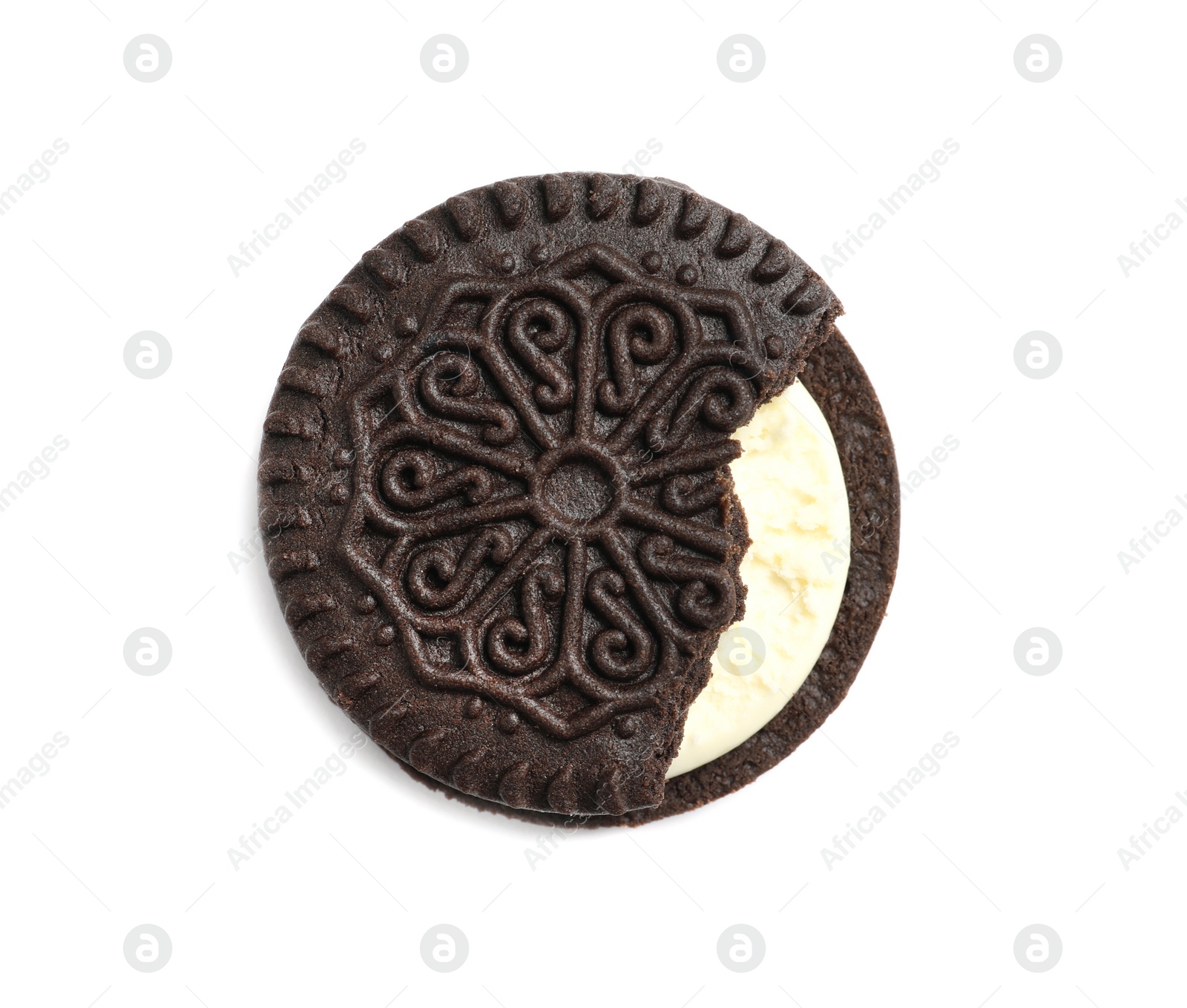 Photo of Tasty chocolate cookie with cream on white background, top view