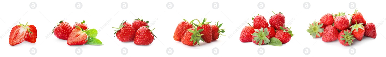 Image of Set of ripe strawberries on white background. Banner design