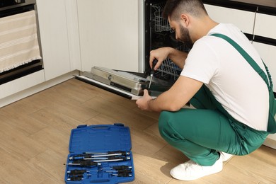 Photo of Serviceman repairing dishwasher door with screwdriver in kitchen