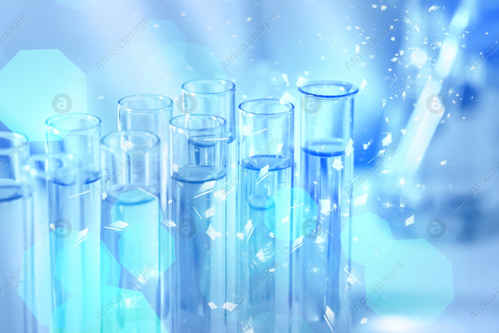 Image of Many test tubes with samples, closeup. Laboratory glassware