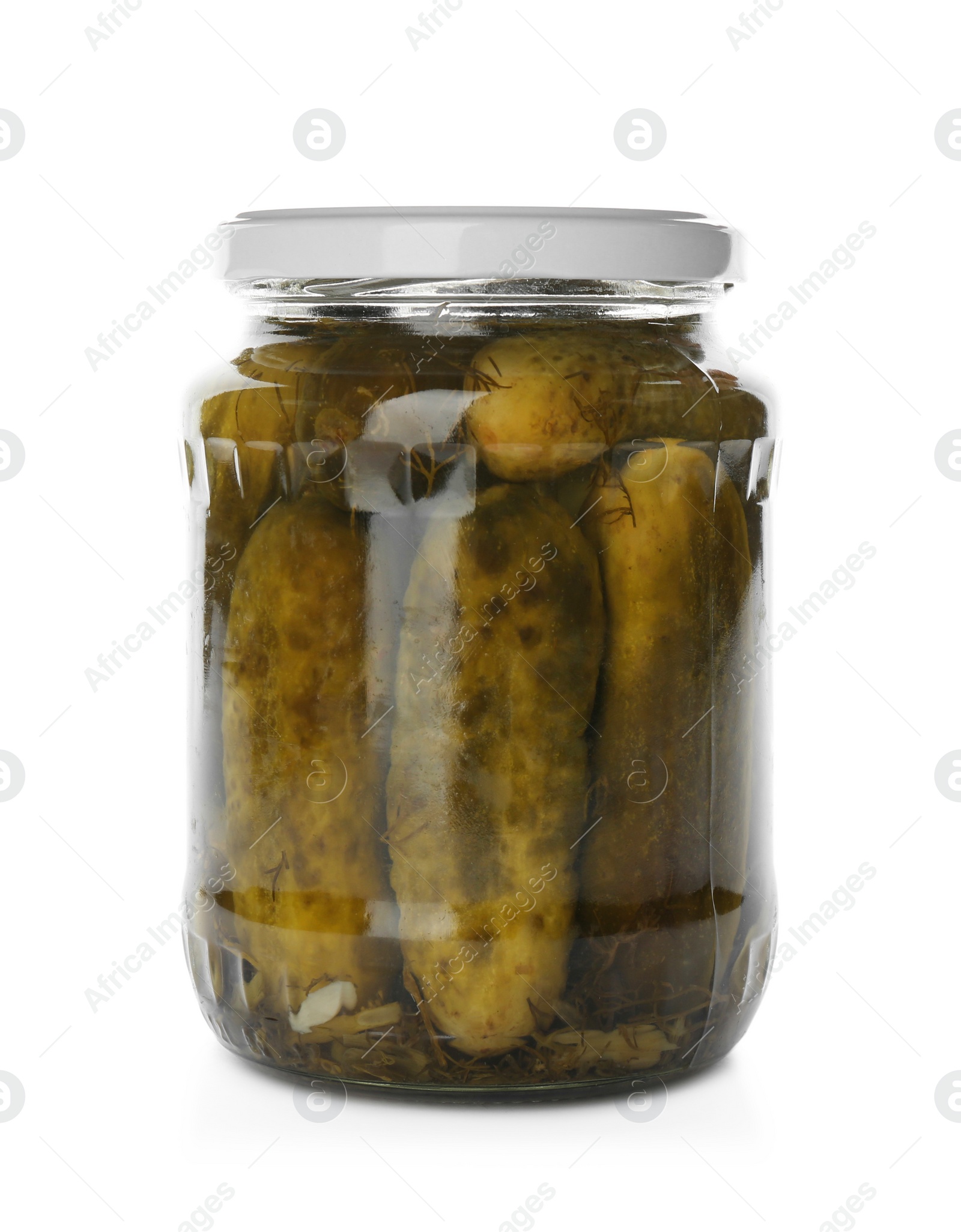Photo of Glass jar with pickled cucumbers isolated on white