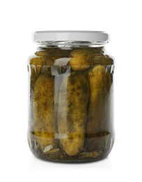 Glass jar with pickled cucumbers isolated on white