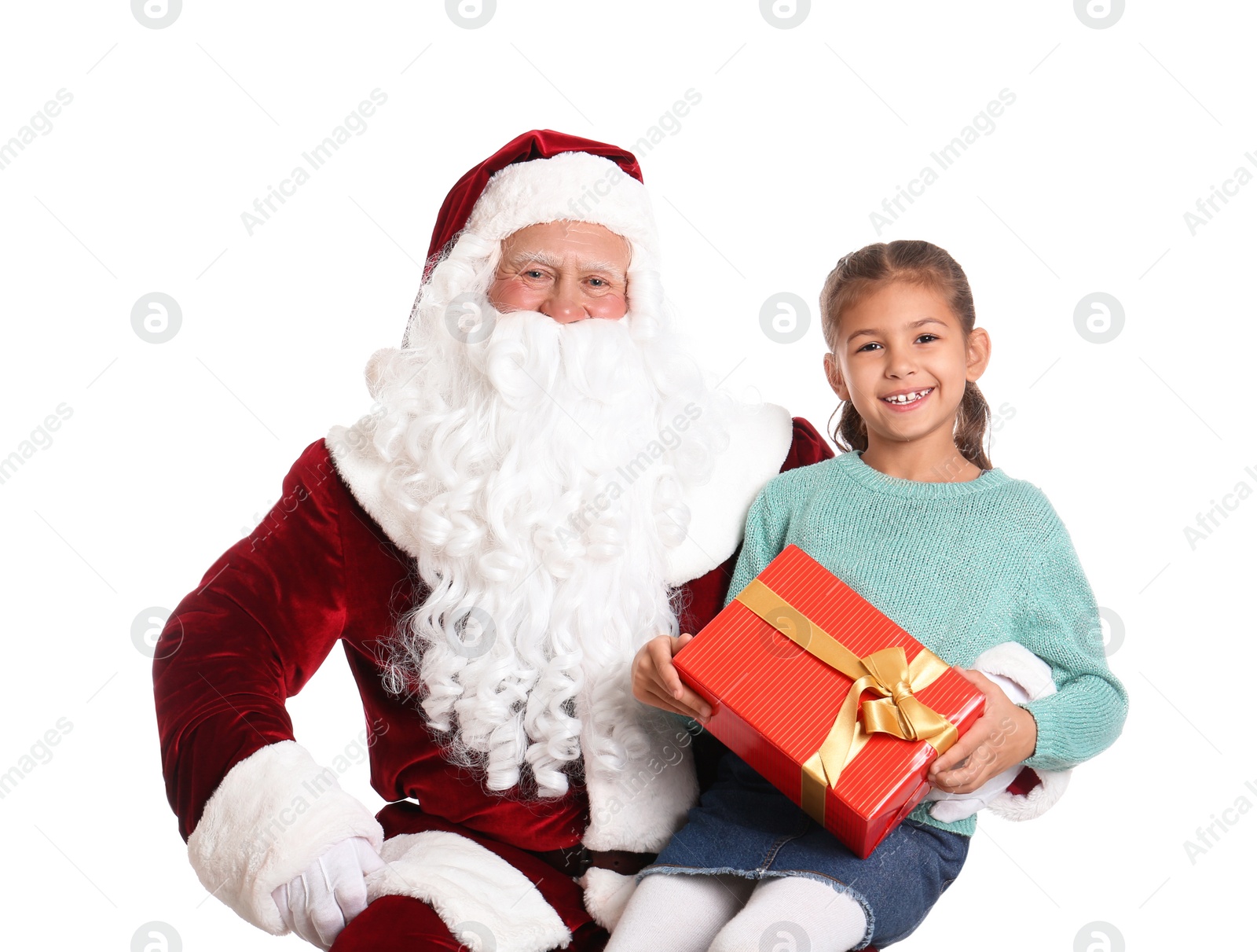 Photo of Authentic Santa Claus and little girl with gift box on white background