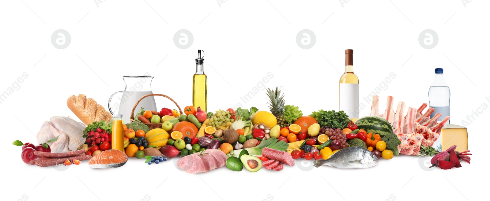 Image of Assortment of fresh organic products on white background. Balanced food