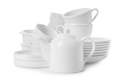 Set of clean tableware on white background. Washing dishes