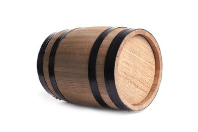 Photo of Wooden keg on white background. Wine making