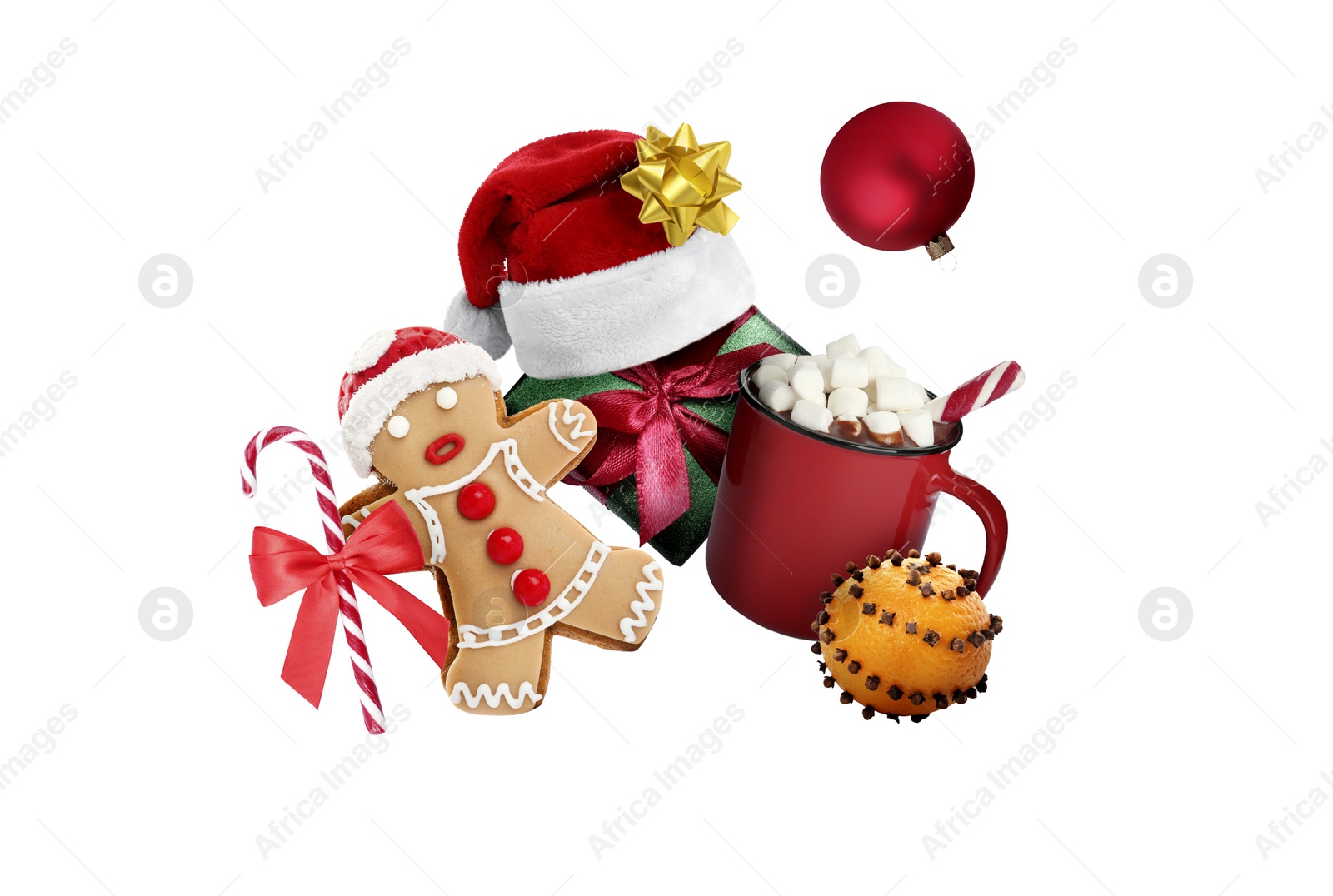 Image of Christmas celebration. Different festive stuff in air on white background