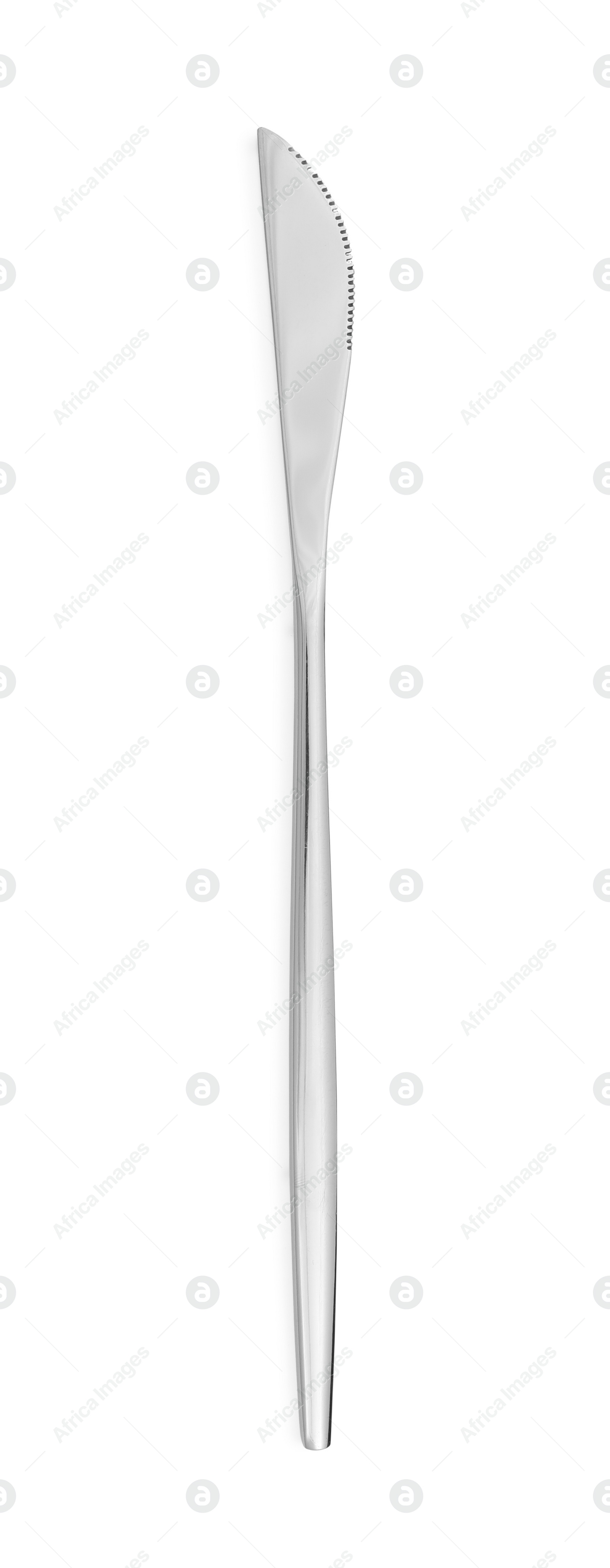 Photo of One new shiny knife isolated on white, top view
