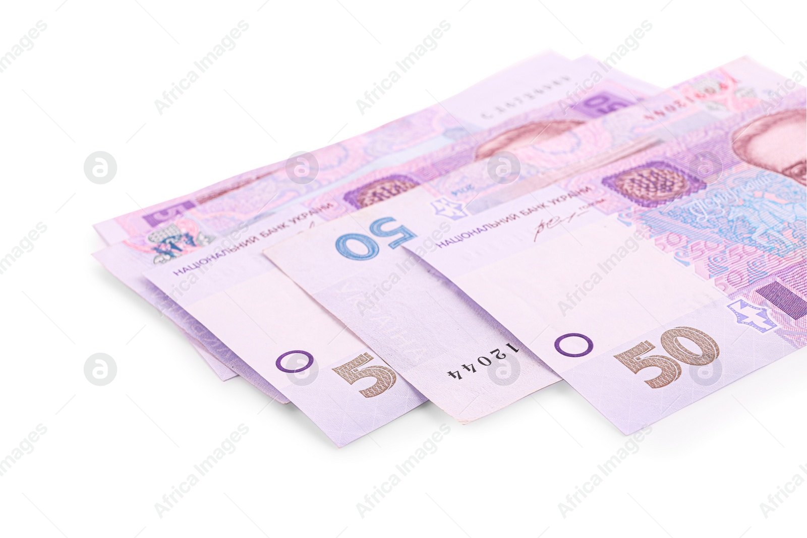 Photo of 50 Ukrainian Hryvnia banknotes on white background