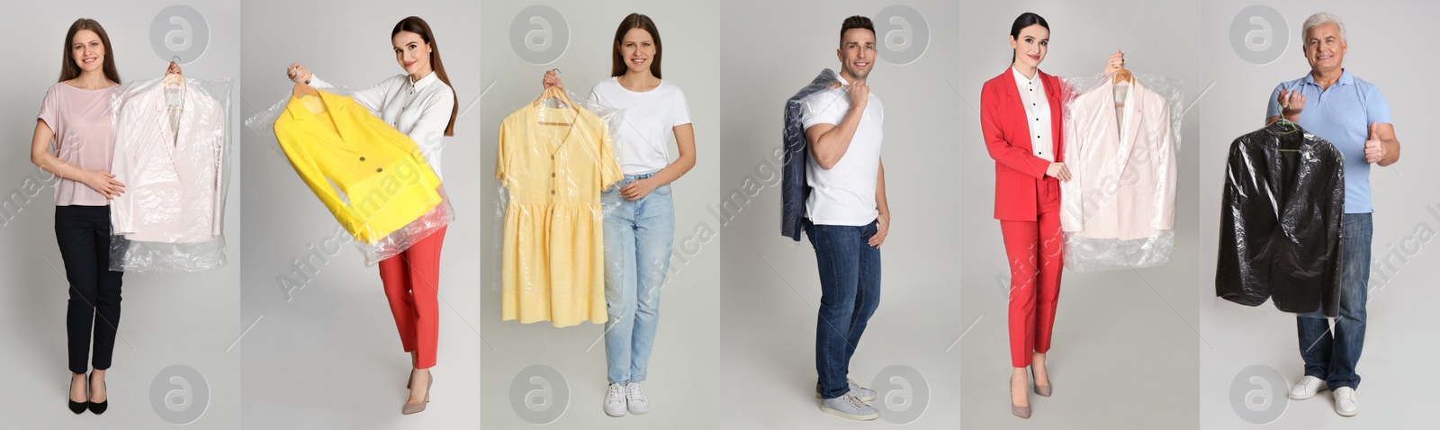 Image of Collage with photos of people holding clothes on light grey background, banner design. Dry-cleaning service