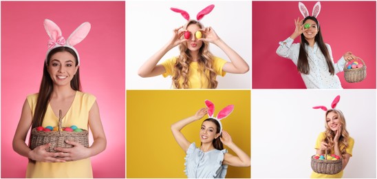 Image of Collage photos of young women wearing bunny ears headbands on different color backgrounds, banner design. Happy Easter