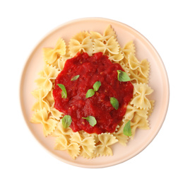 Tasty pasta with tomato sauce and basil isolated on white, top view