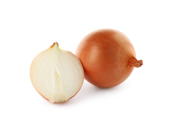 Photo of Whole and cut onion bulbs on white background