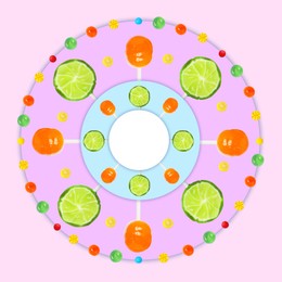 Image of Bright design with hard candies and lollypops on color background