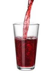 Pouring fresh juice into glass on white background